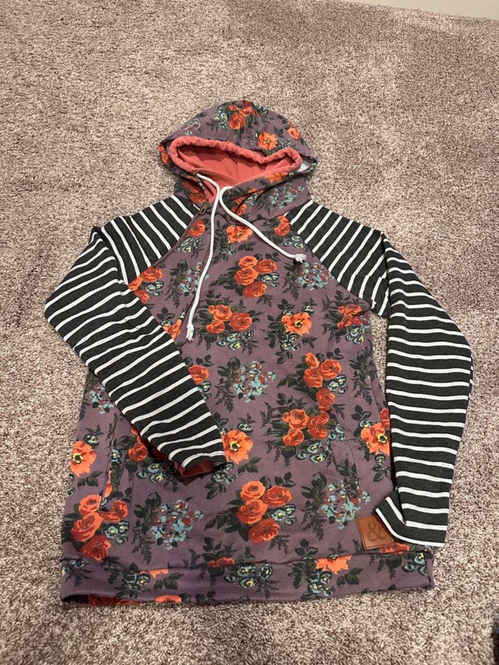 Ampersand Floral & Striped Hooded Pullover - Purple with Orange Roses